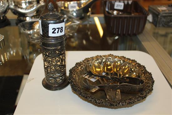 Silver dish, 6 spoons, tongs and caster